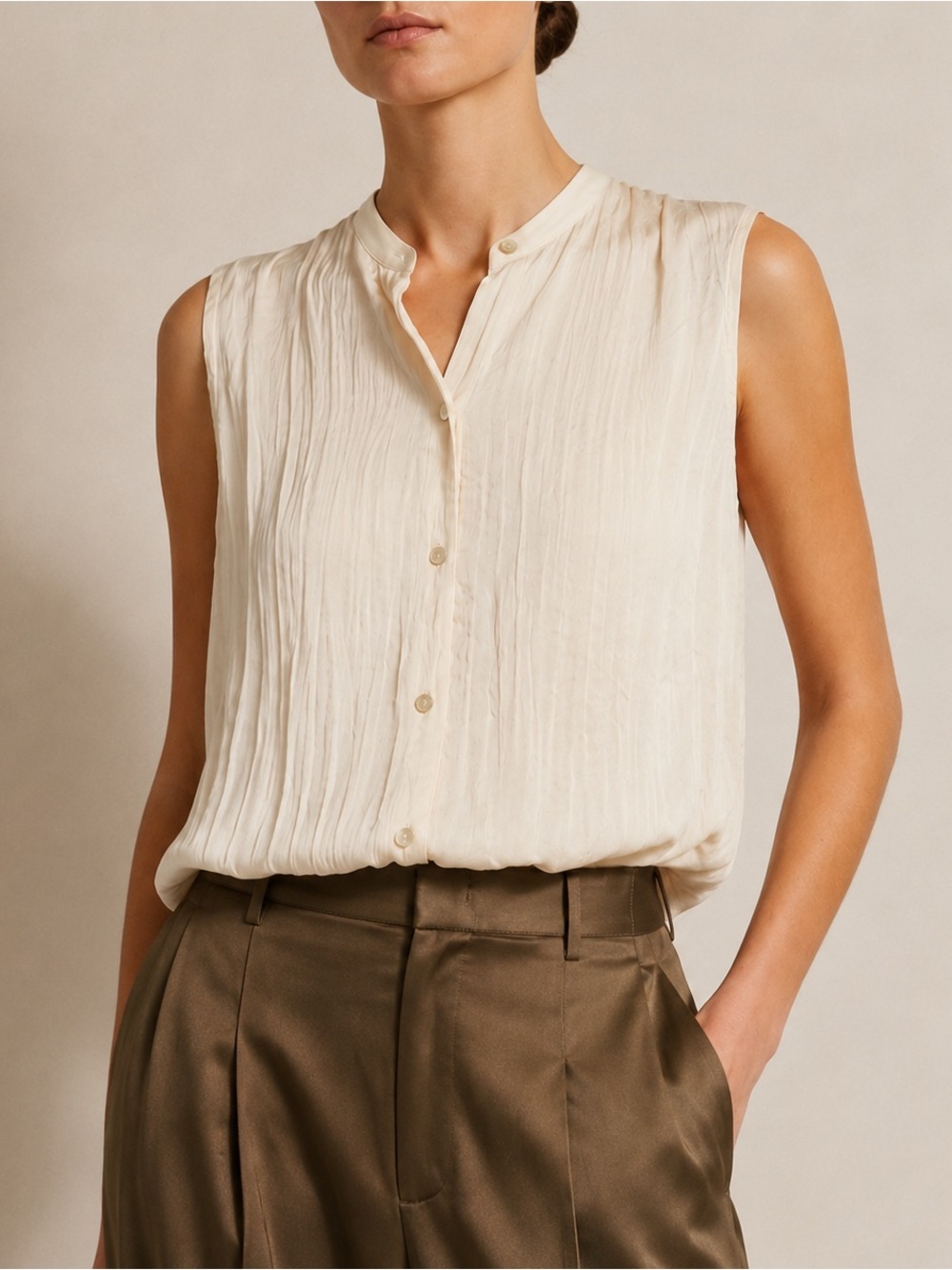 Vince Sleeveless Crushed Satin Band Collar Blouse Chiffon Cream S
